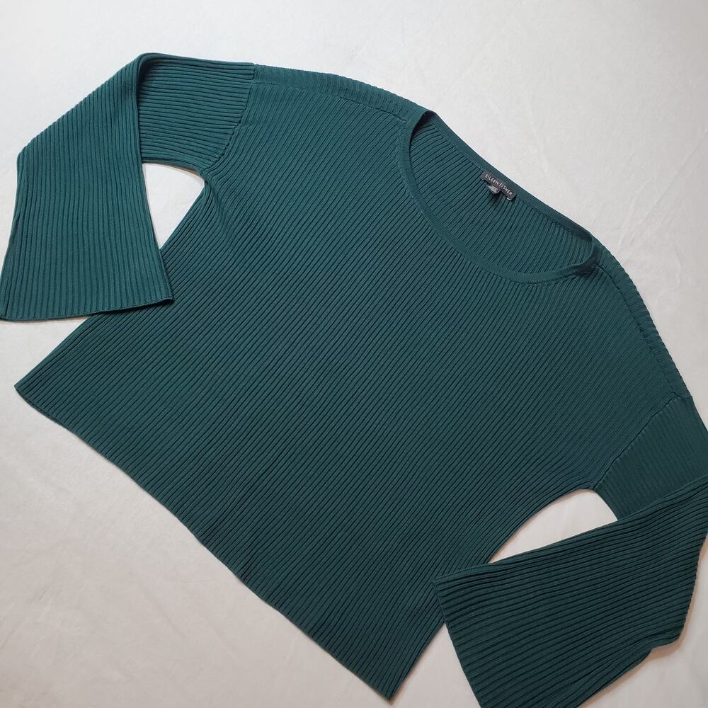 Eileen Fisher Women's Size M Flared Sleeve Rib Knit Top Green